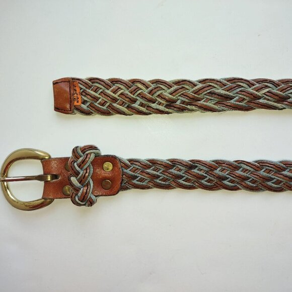 Vintage LEVI'S Hand Braided Leather & Denim Belt Orange Tab Brass Buckle Sz 32 - Picture 5 of 13